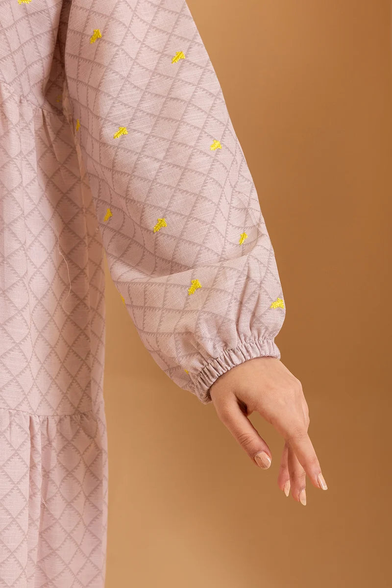 Women's Blush Check Hand-Embroidered Cotton Maxi Tunic | Floral Yoke | Tiered Hem