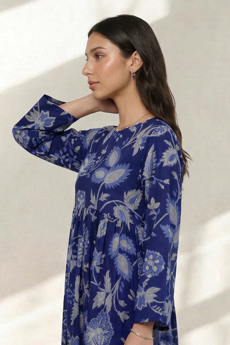 Women's Dusty Blue Floral Outline Print Cambric Maxi Tunic | Rope-Tie Neckline