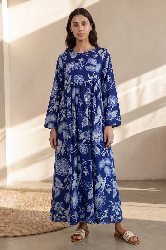 Women's Dusty Blue Floral Outline Print Cambric Maxi Tunic | Rope-Tie Neckline