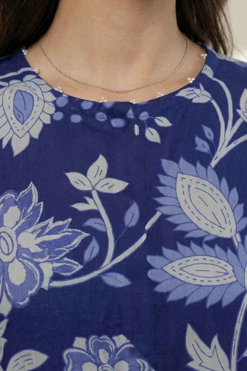 Women's Dusty Blue Floral Outline Print Cambric Maxi Tunic | Rope-Tie Neckline