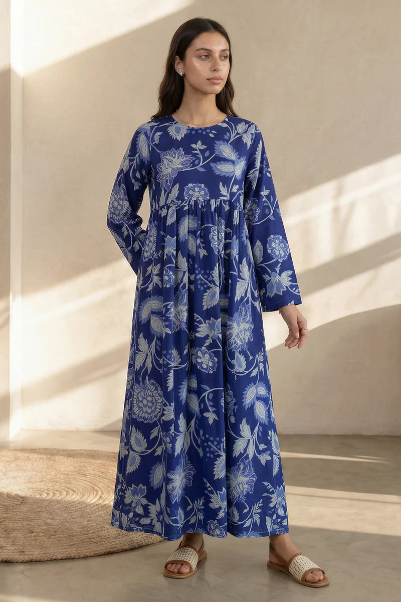 Women's Dusty Blue Floral Outline Print Cambric Maxi Tunic | Rope-Tie Neckline