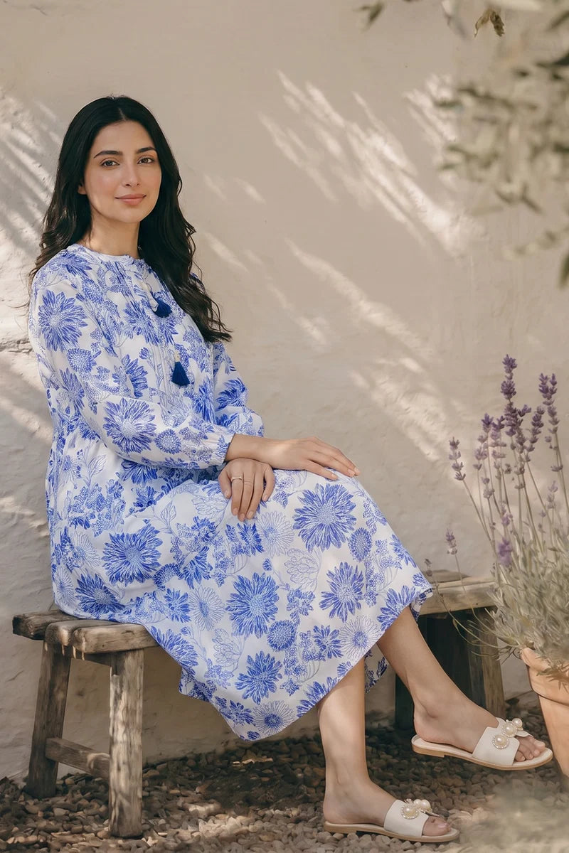 Women's Indigo Floral Block Print Cotton Maxi Tunic | Tasseled Placket | Tiered Silhouette