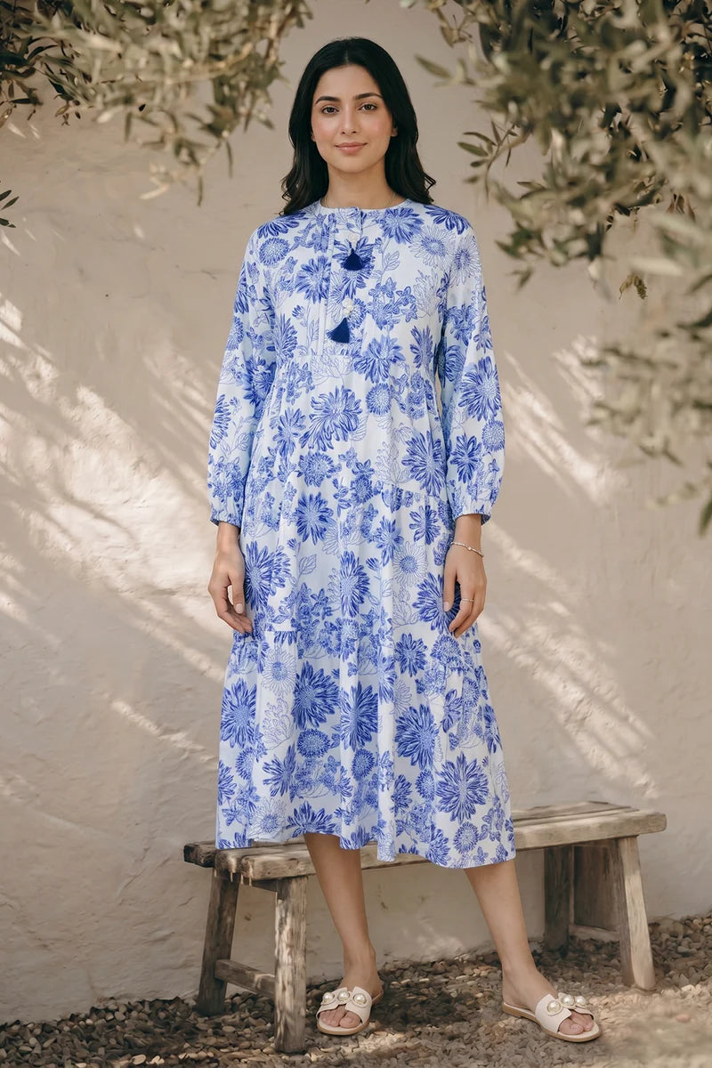 Women's Indigo Floral Block Print Cotton Maxi Tunic | Tasseled Placket | Tiered Silhouette