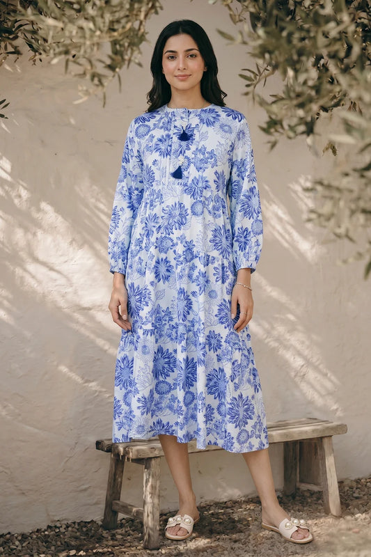Women's Indigo Floral Block Print Cotton Maxi Tunic | Tasseled Placket | Tiered Silhouette