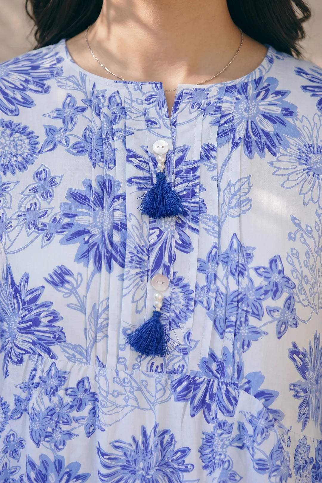 Women's Indigo Floral Block Print Cotton Maxi Tunic | Tasseled Placket | Tiered Silhouette