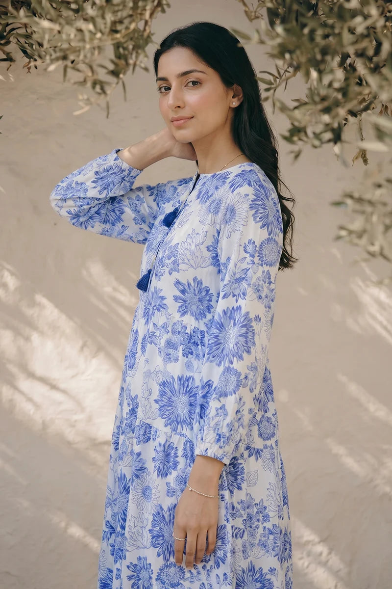 Women's Indigo Floral Block Print Cotton Maxi Tunic | Tasseled Placket | Tiered Silhouette