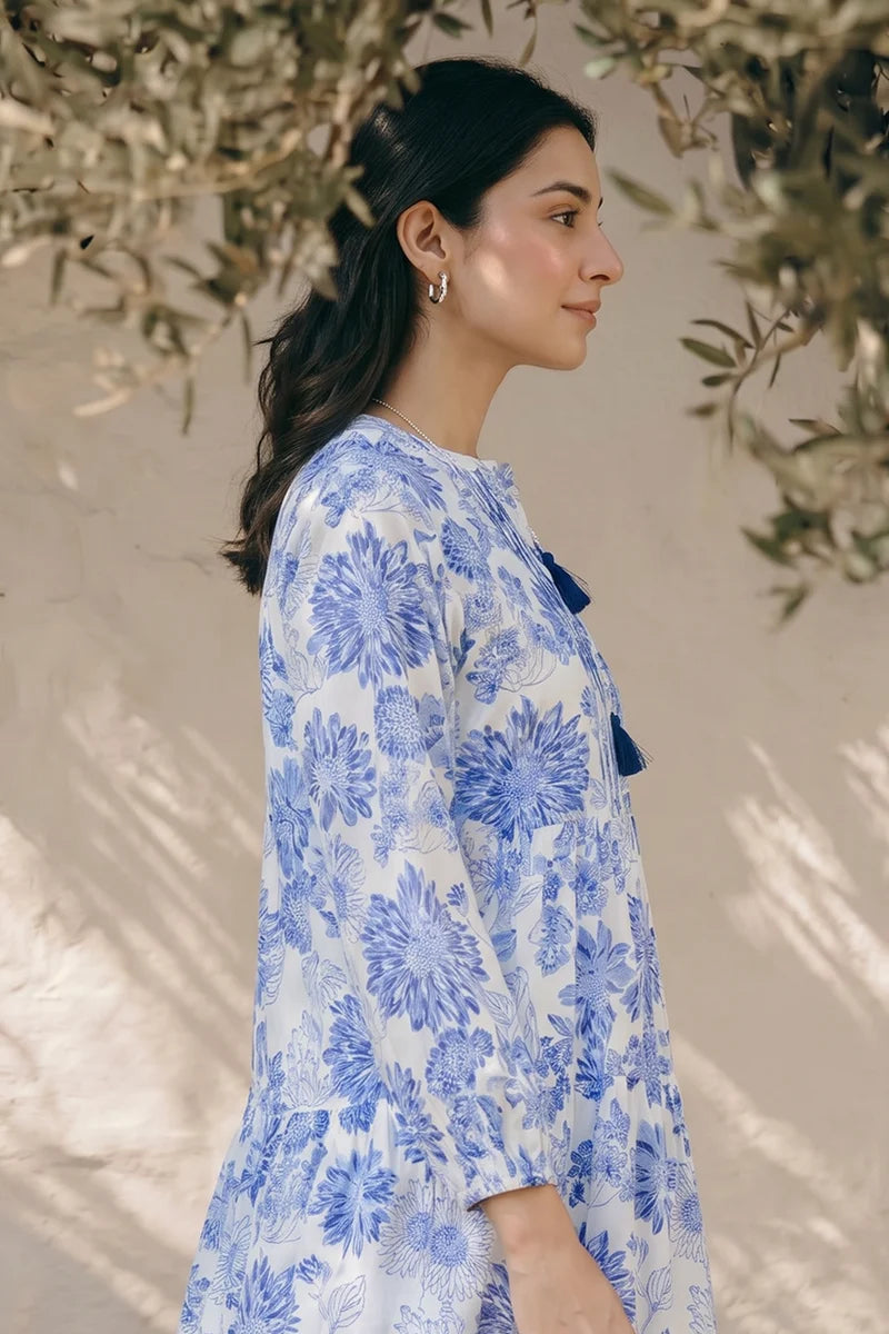 Women's Indigo Floral Block Print Cotton Maxi Tunic | Tasseled Placket | Tiered Silhouette