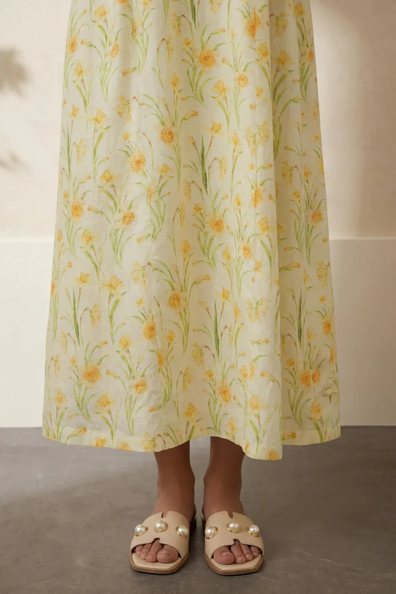 Women's Ivory Yellow Daffodil Print Slub Lawn Maxi Tunic | Zip V-Neck | Contrast Trim
