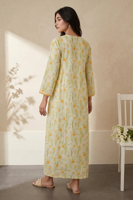 Women's Ivory Yellow Daffodil Print Slub Lawn Maxi Tunic | Zip V-Neck | Contrast Trim