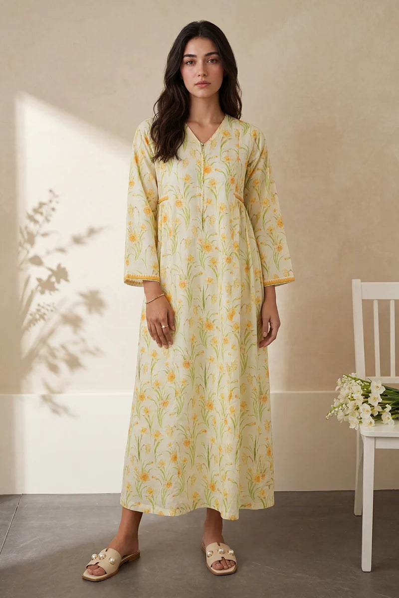 Women's Ivory Yellow Daffodil Print Slub Lawn Maxi Tunic | Zip V-Neck | Contrast Trim