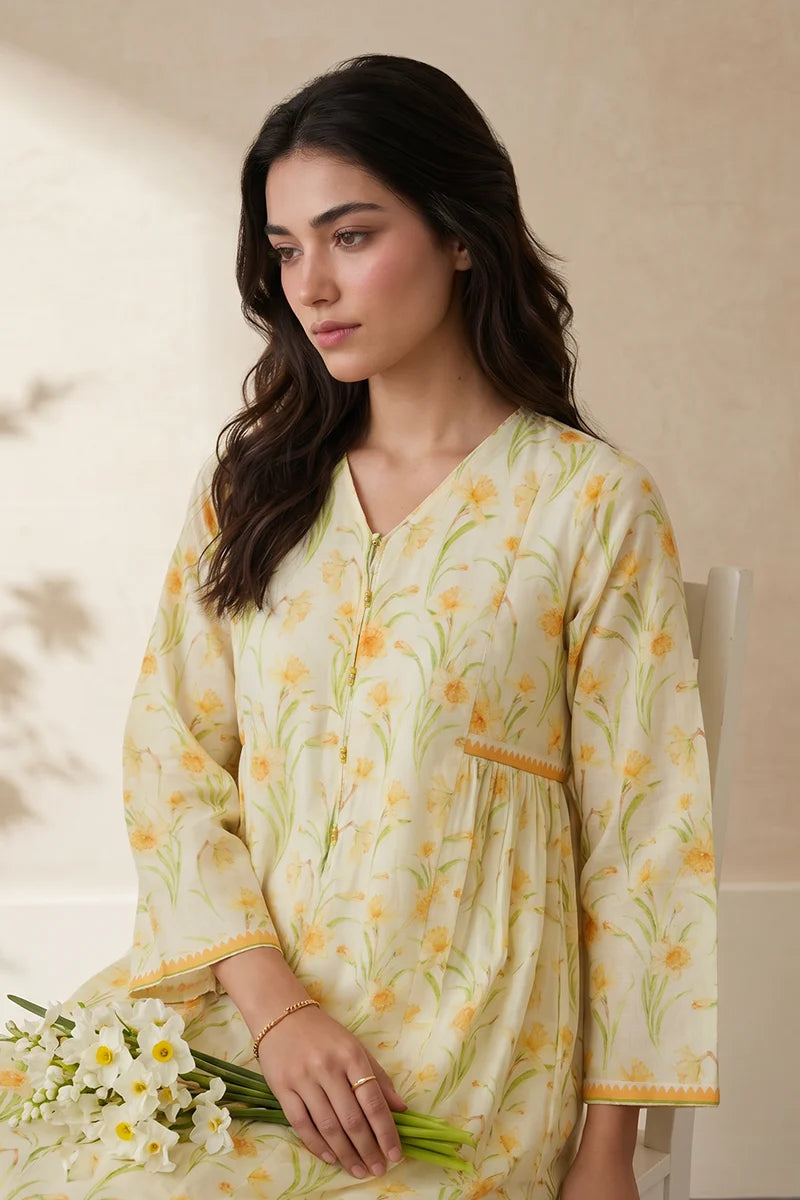 Women's Ivory Yellow Daffodil Print Slub Lawn Maxi Tunic | Zip V-Neck | Contrast Trim