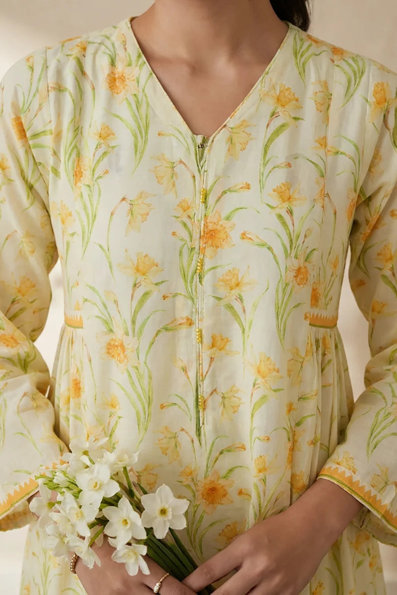 Women's Ivory Yellow Daffodil Print Slub Lawn Maxi Tunic | Zip V-Neck | Contrast Trim