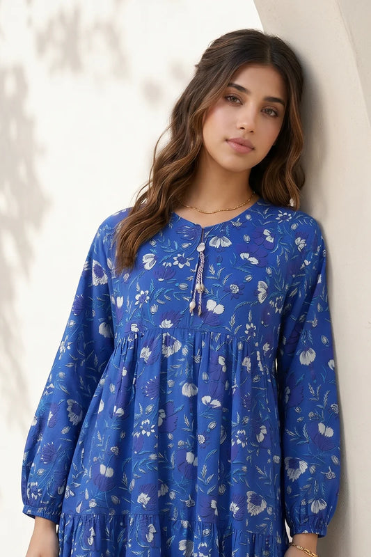 Women's Bright Blue Floral Print Slub Lawn Maxi Tunic | Tasseled Placket | Tiered Hem