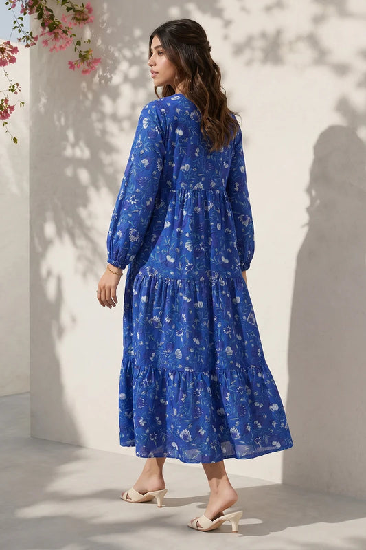 Women's Bright Blue Floral Print Slub Lawn Maxi Tunic | Tasseled Placket | Tiered Hem