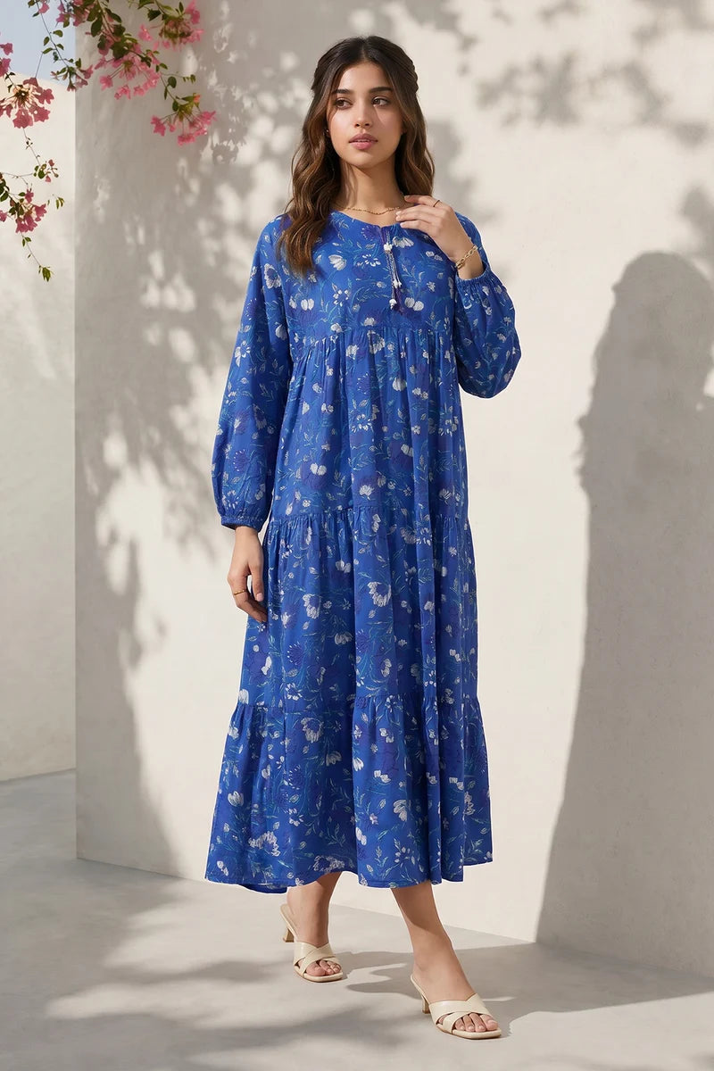 Women's Bright Blue Floral Print Slub Lawn Maxi Tunic | Tasseled Placket | Tiered Hem