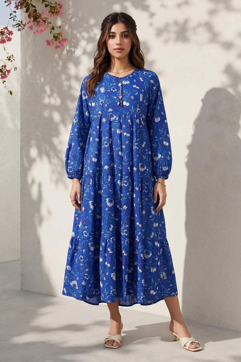 Women's Bright Blue Floral Print Slub Lawn Maxi Tunic | Tasseled Placket | Tiered Hem