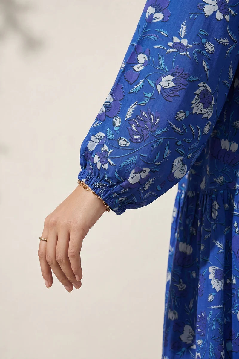 Women's Bright Blue Floral Print Slub Lawn Maxi Tunic | Tasseled Placket | Tiered Hem