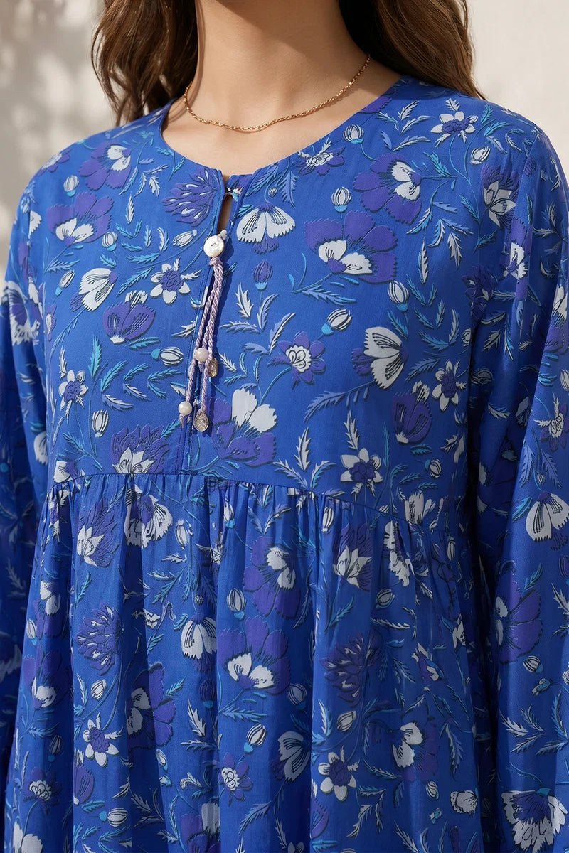 Women's Bright Blue Floral Print Slub Lawn Maxi Tunic | Tasseled Placket | Tiered Hem