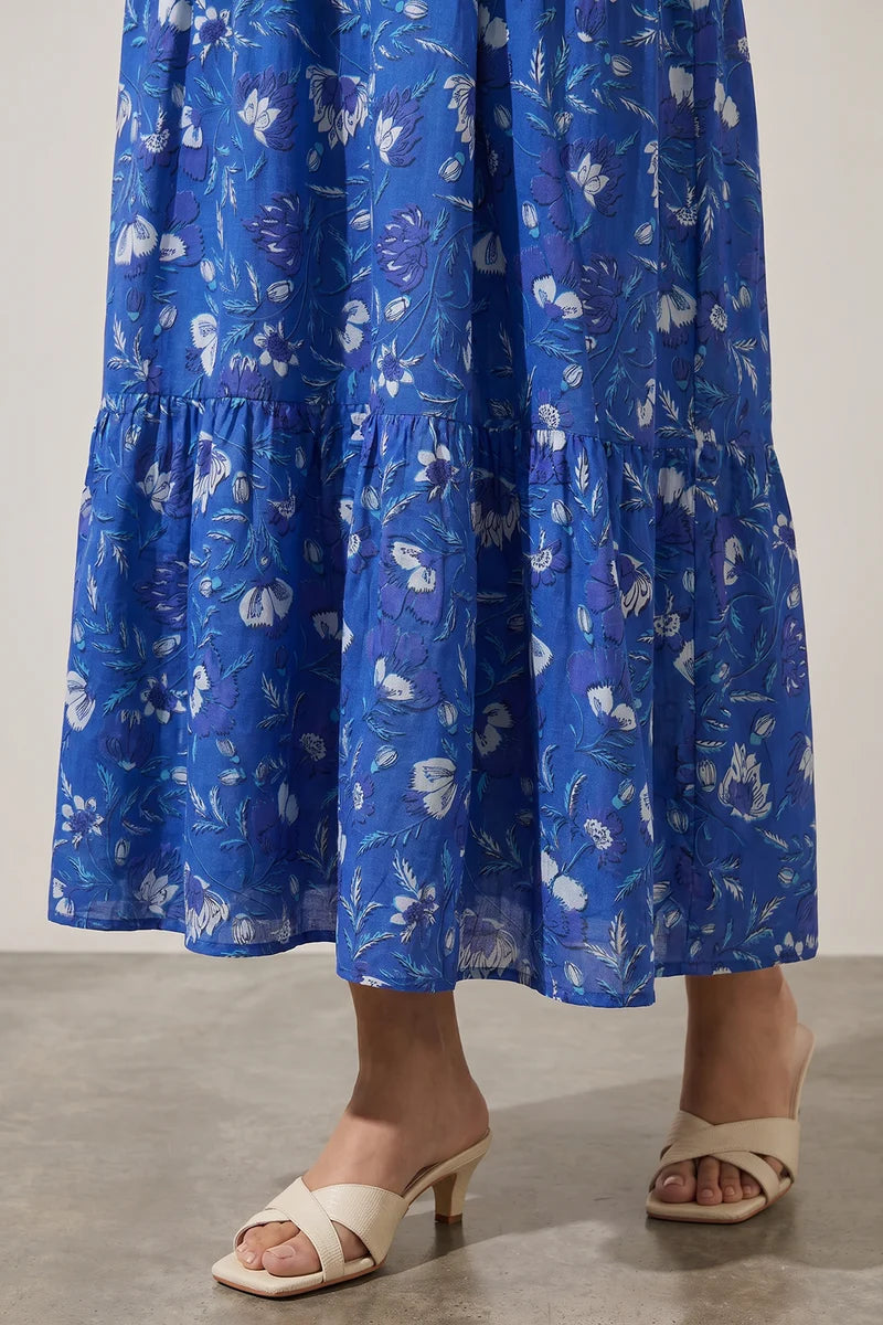 Women's Bright Blue Floral Print Slub Lawn Maxi Tunic | Tasseled Placket | Tiered Hem