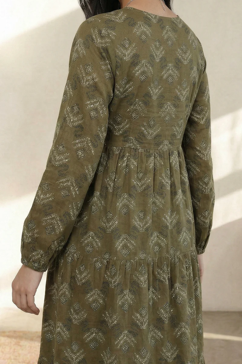 Women's Olive Khaki Diamond Print Cambric Maxi Tunic | Button Placket | Tiered Hem