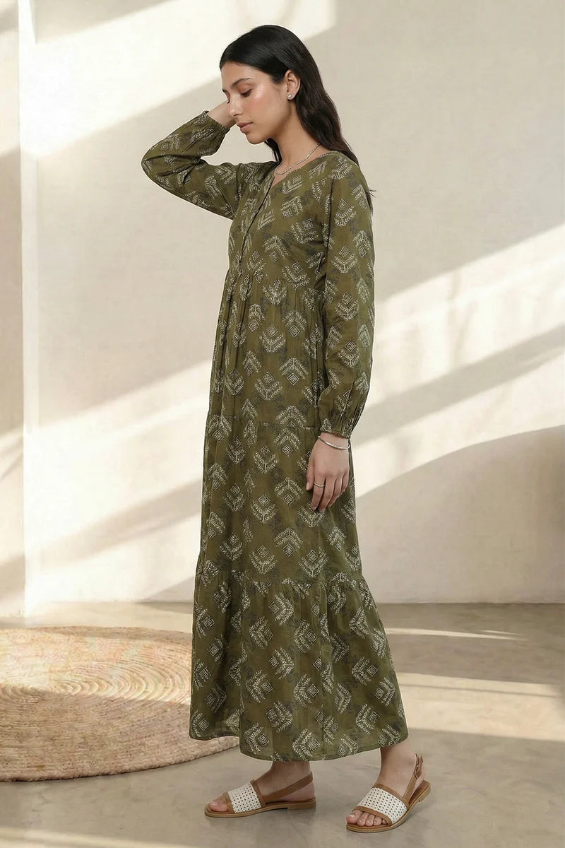 Women's Olive Khaki Diamond Print Cambric Maxi Tunic | Button Placket | Tiered Hem