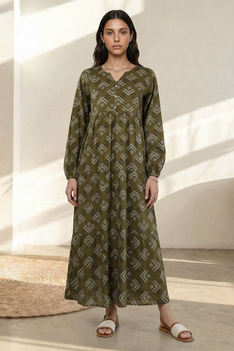 Women's Olive Khaki Diamond Print Cambric Maxi Tunic | Button Placket | Tiered Hem