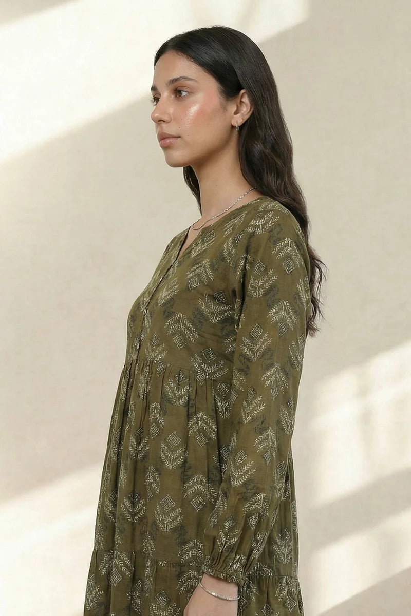 Women's Olive Khaki Diamond Print Cambric Maxi Tunic | Button Placket | Tiered Hem