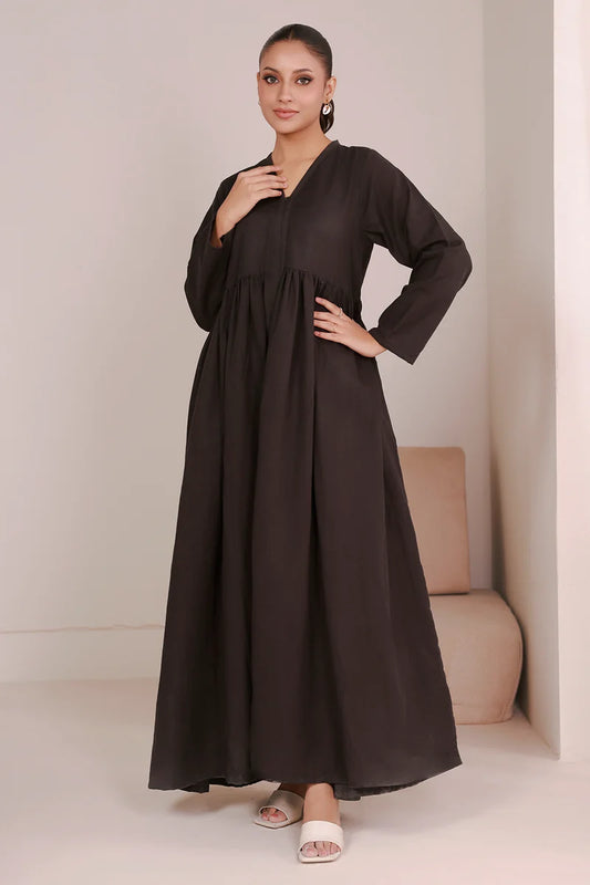 Women's Espresso Black Solid Cotton Maxi Tunic | Zip V-Neck | Gathered Waist