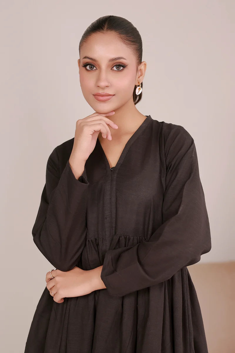 Women's Espresso Black Solid Cotton Maxi Tunic | Zip V-Neck | Gathered Waist