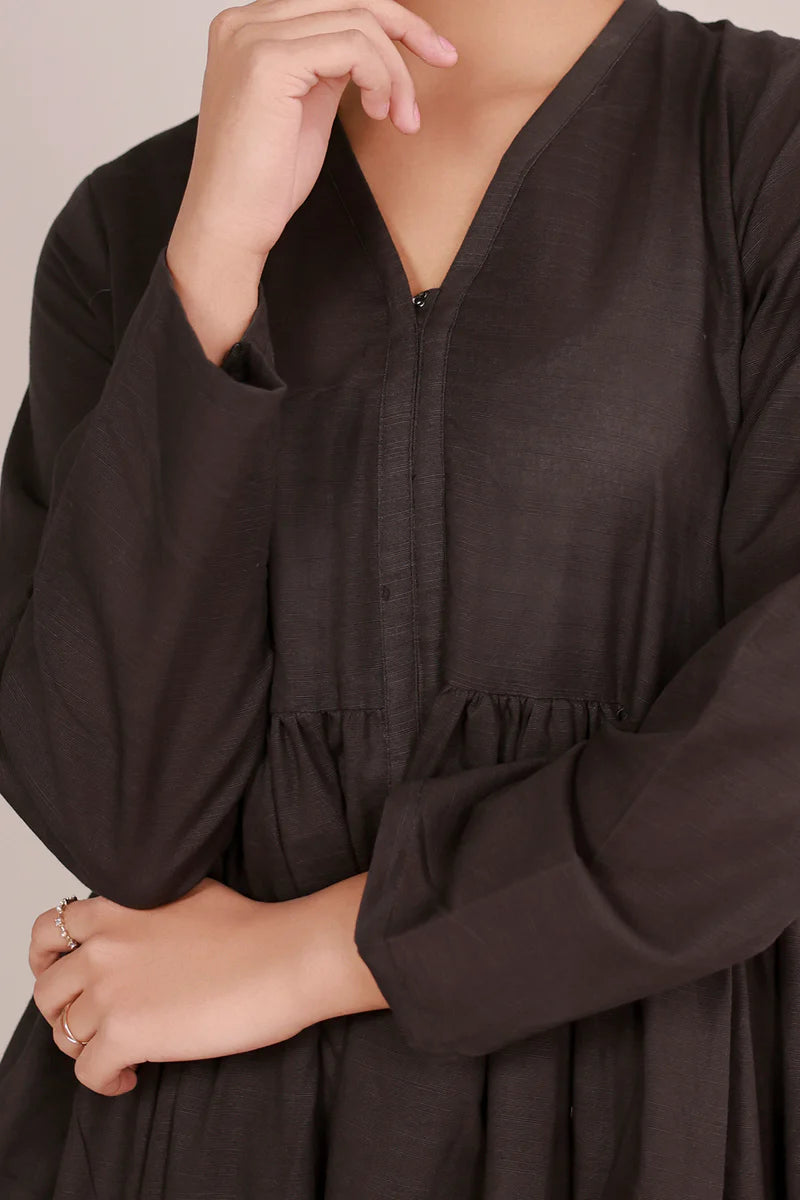 Women's Espresso Black Solid Cotton Maxi Tunic | Zip V-Neck | Gathered Waist