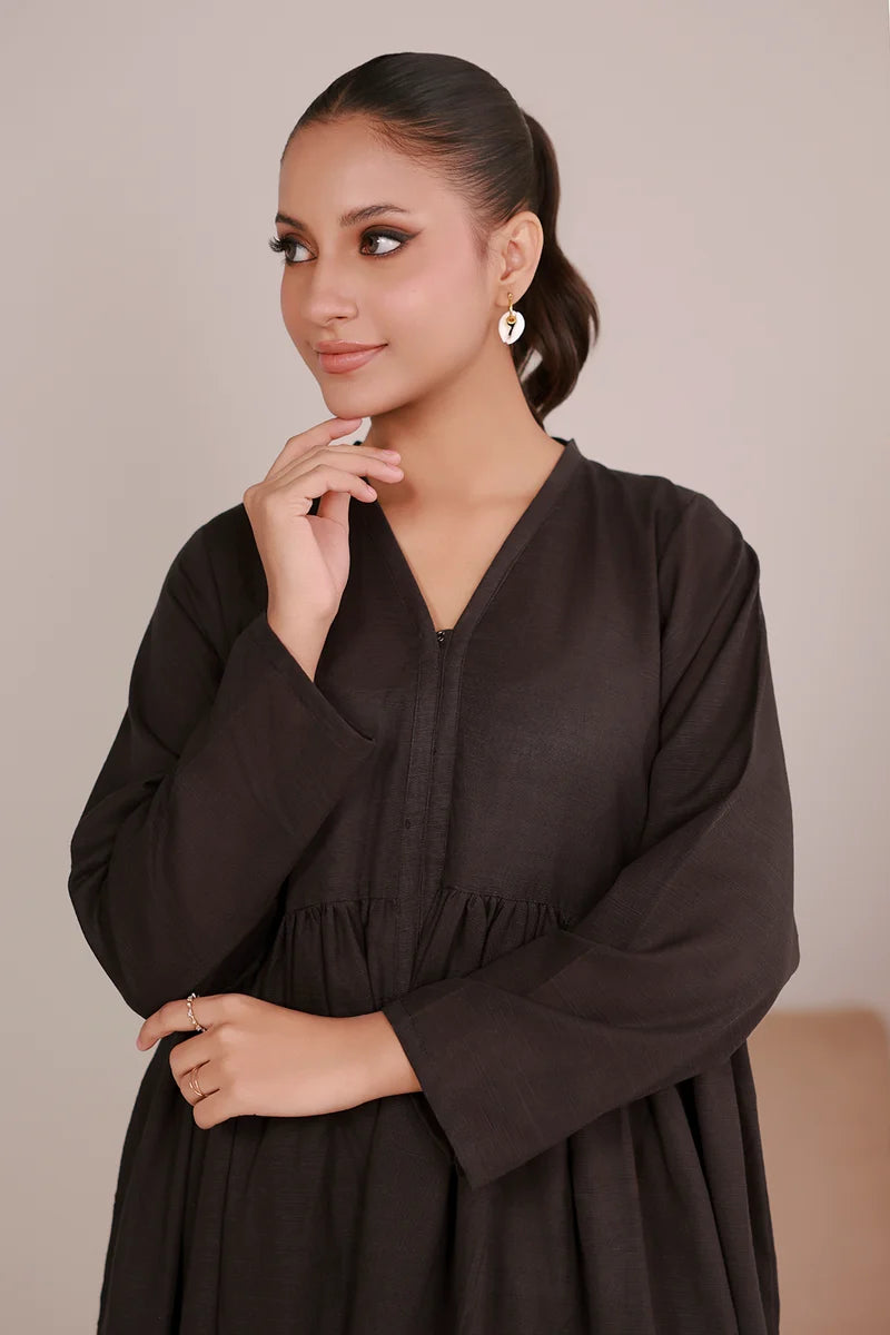 Women's Espresso Black Solid Cotton Maxi Tunic | Zip V-Neck | Gathered Waist