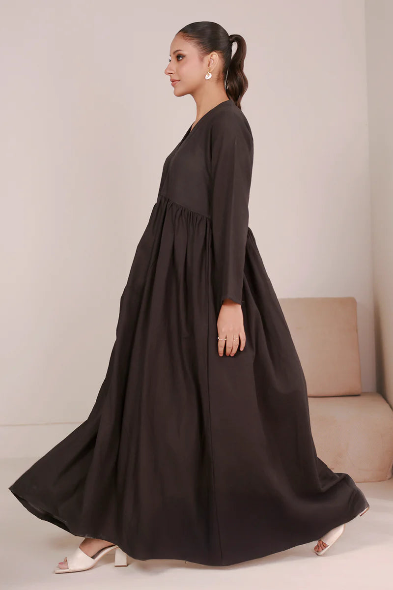 Women's Espresso Black Solid Cotton Maxi Tunic | Zip V-Neck | Gathered Waist
