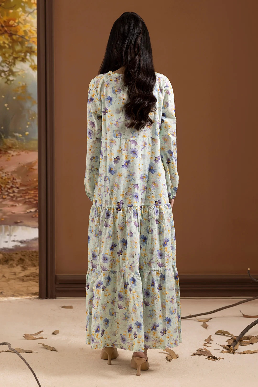 Women's Mint Lavender Floral Print Slub Lawn Maxi Tunic | Lace Trim Placket | Tiered Hem