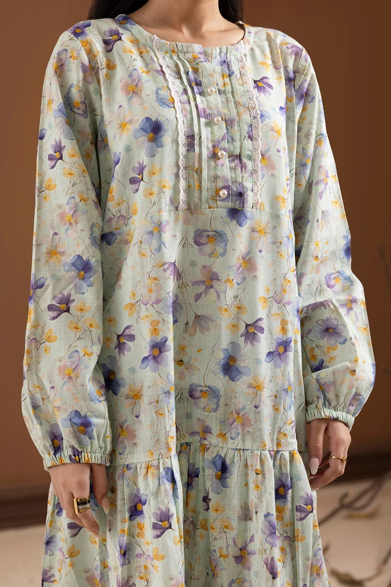 Women's Mint Lavender Floral Print Slub Lawn Maxi Tunic | Lace Trim Placket | Tiered Hem
