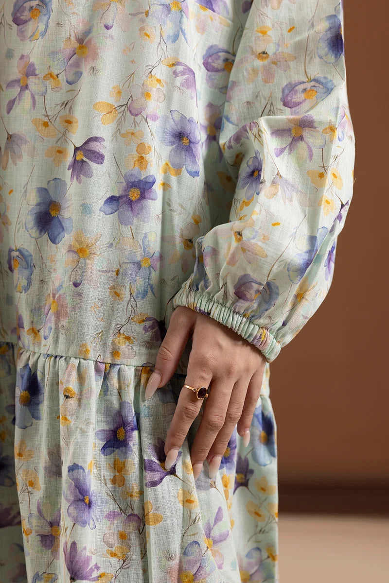 Women's Mint Lavender Floral Print Slub Lawn Maxi Tunic | Lace Trim Placket | Tiered Hem