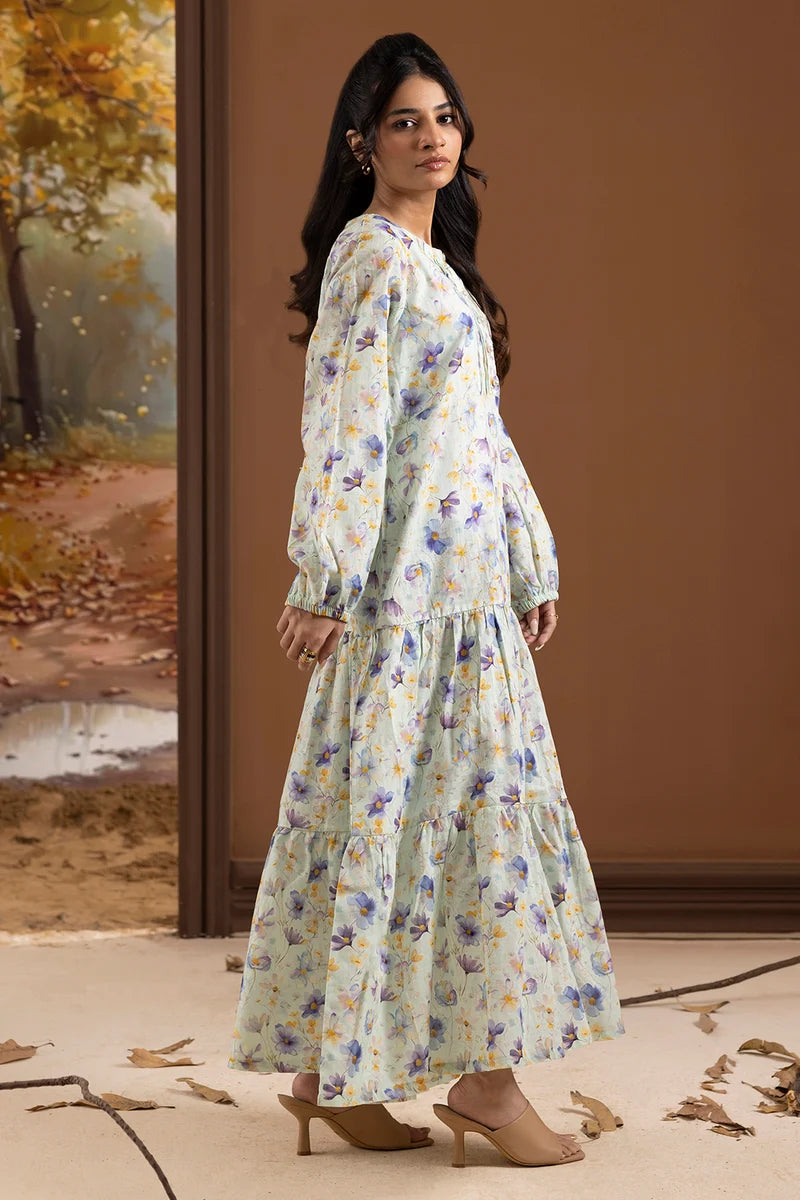 Women's Mint Lavender Floral Print Slub Lawn Maxi Tunic | Lace Trim Placket | Tiered Hem