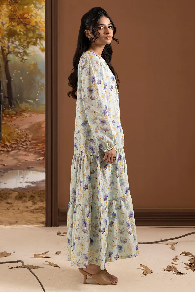 Women's Mint Lavender Floral Print Slub Lawn Maxi Tunic | Lace Trim Placket | Tiered Hem