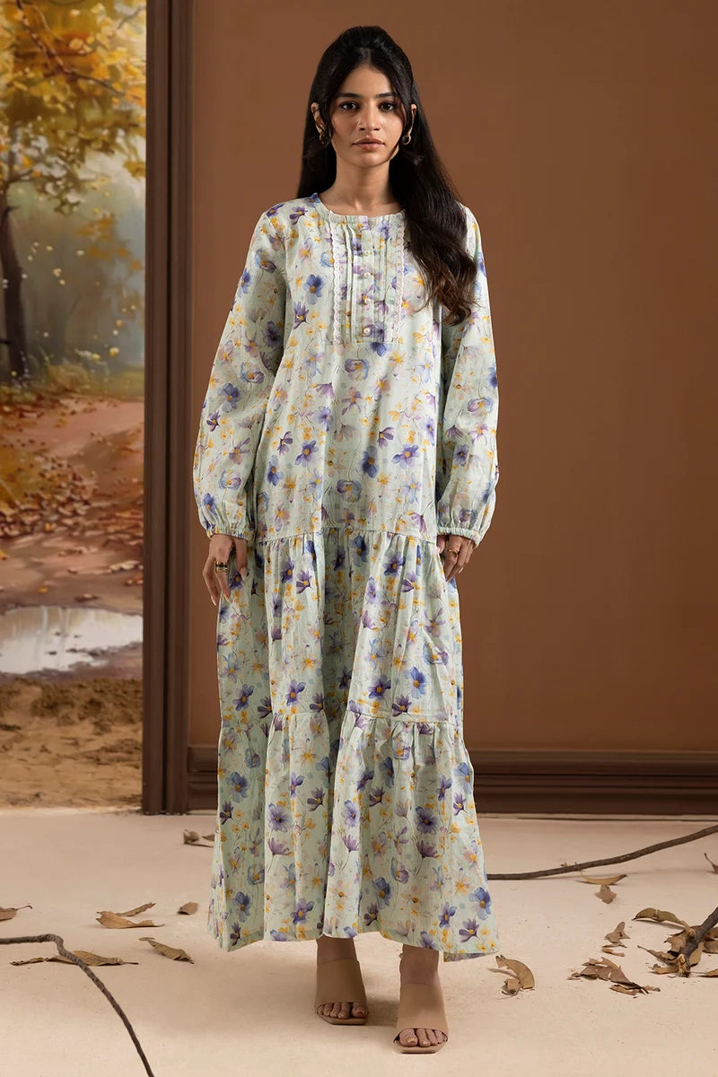 Women's Mint Lavender Floral Print Slub Lawn Maxi Tunic | Lace Trim Placket | Tiered Hem