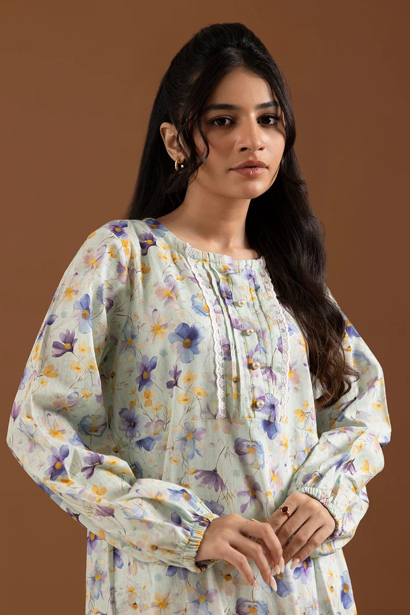 Women's Mint Lavender Floral Print Slub Lawn Maxi Tunic | Lace Trim Placket | Tiered Hem