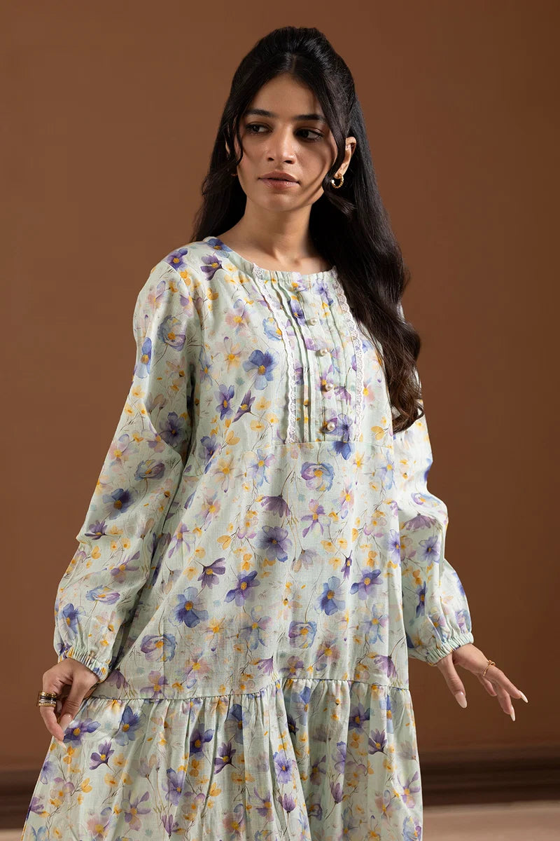 Women's Mint Lavender Floral Print Slub Lawn Maxi Tunic | Lace Trim Placket | Tiered Hem