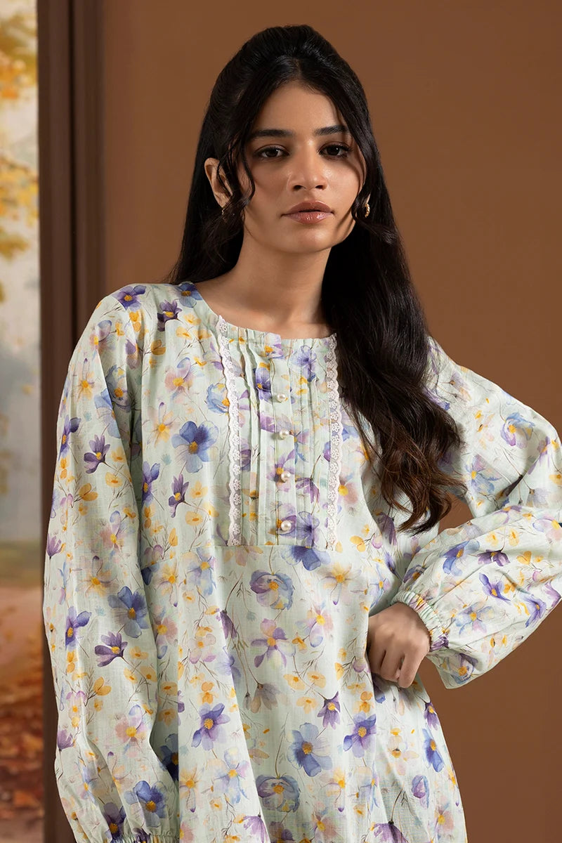 Women's Mint Lavender Floral Print Slub Lawn Maxi Tunic | Lace Trim Placket | Tiered Hem