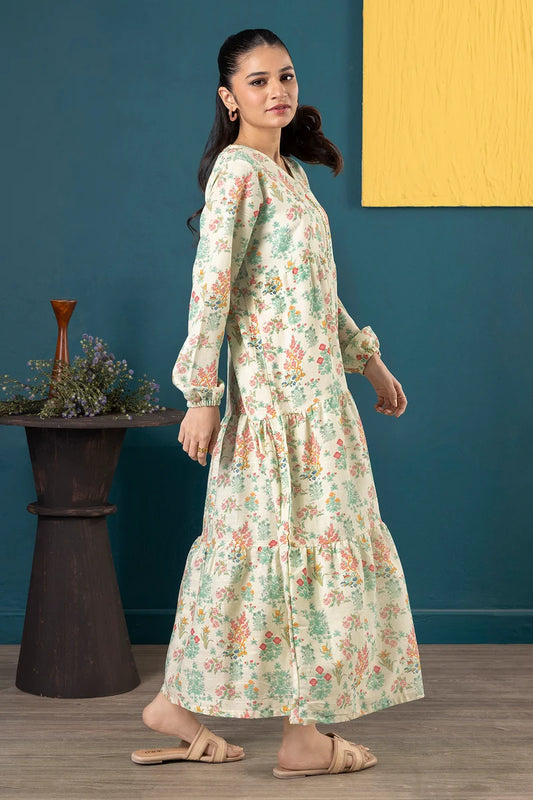 Women's Ivory Cream Floral Print Slub Lawn Maxi Tunic | Zip V-Neck | Tiered Hem