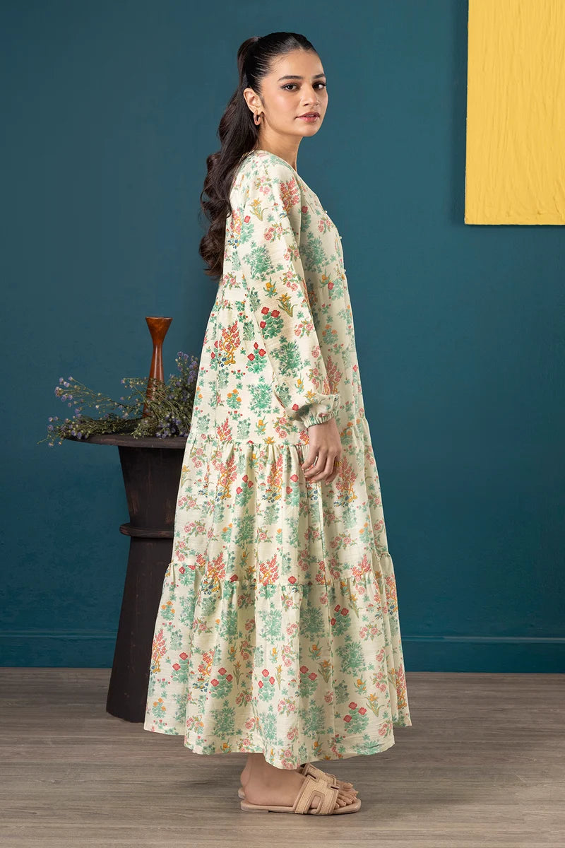 Women's Ivory Cream Floral Print Slub Lawn Maxi Tunic | Zip V-Neck | Tiered Hem