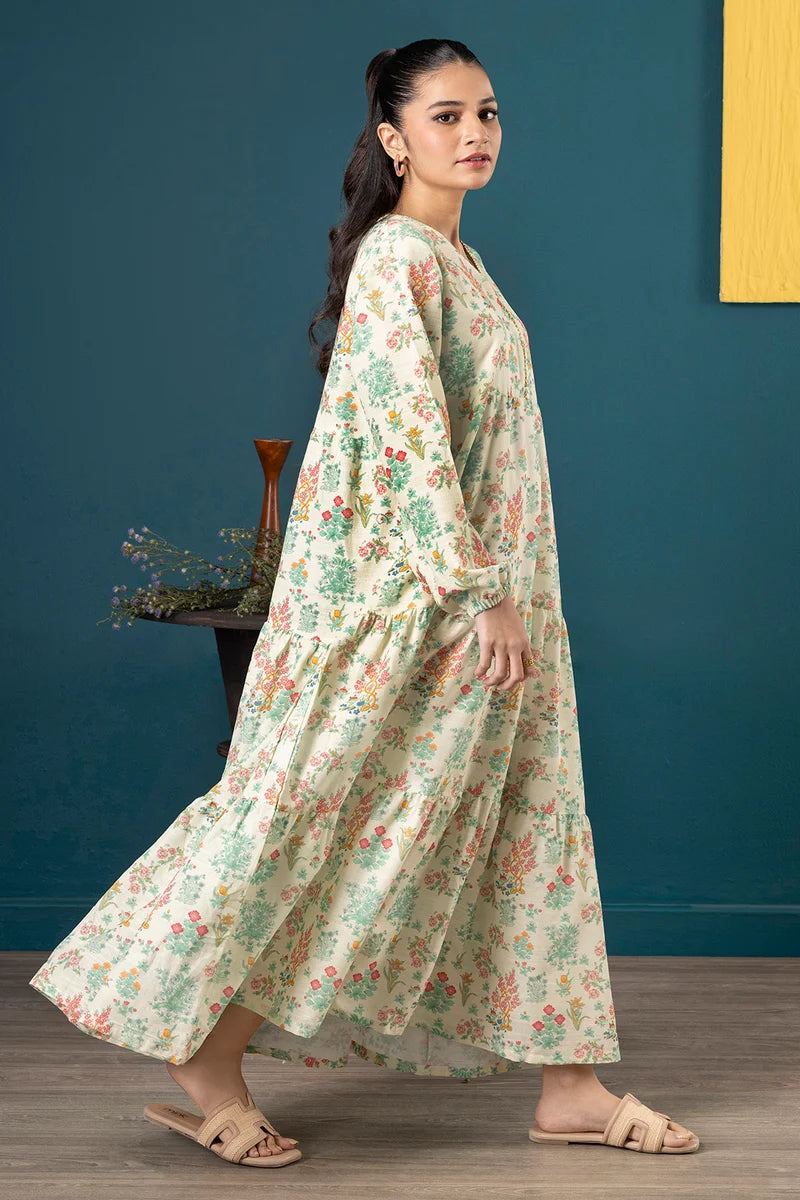 Women's Ivory Cream Floral Print Slub Lawn Maxi Tunic | Zip V-Neck | Tiered Hem