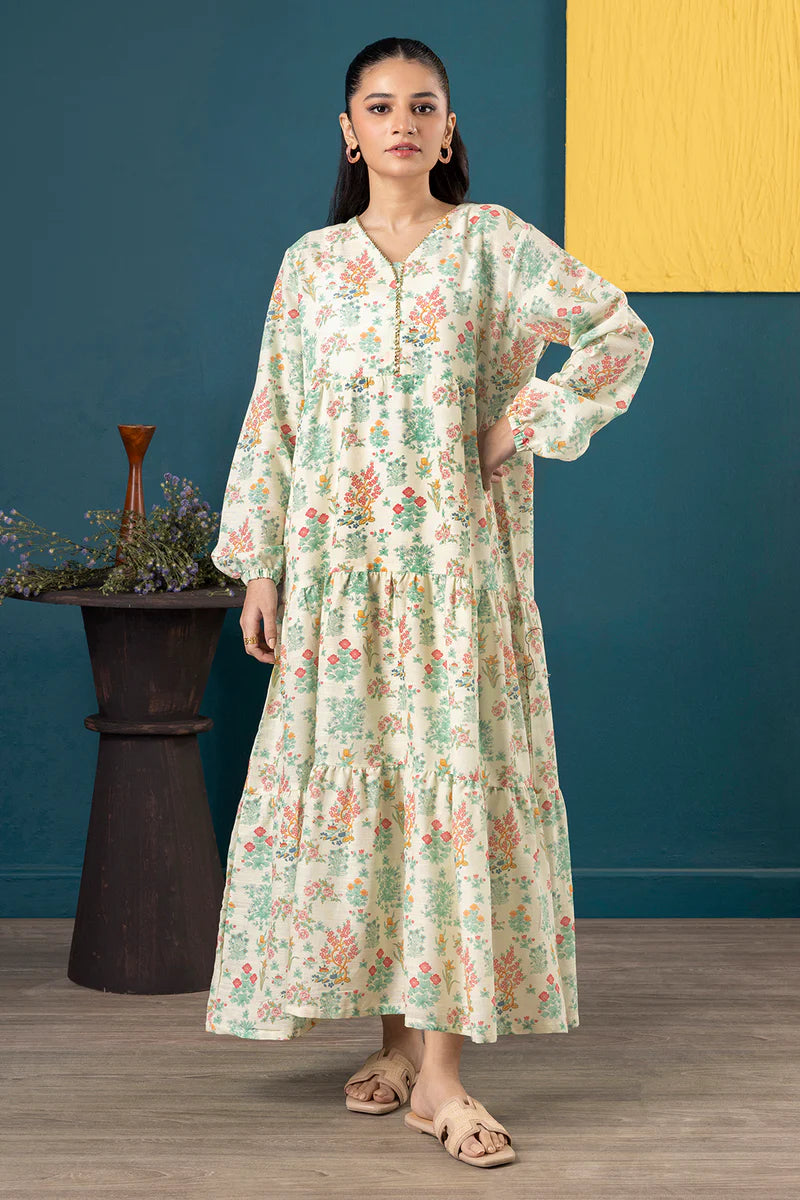 Women's Ivory Cream Floral Print Slub Lawn Maxi Tunic | Zip V-Neck | Tiered Hem