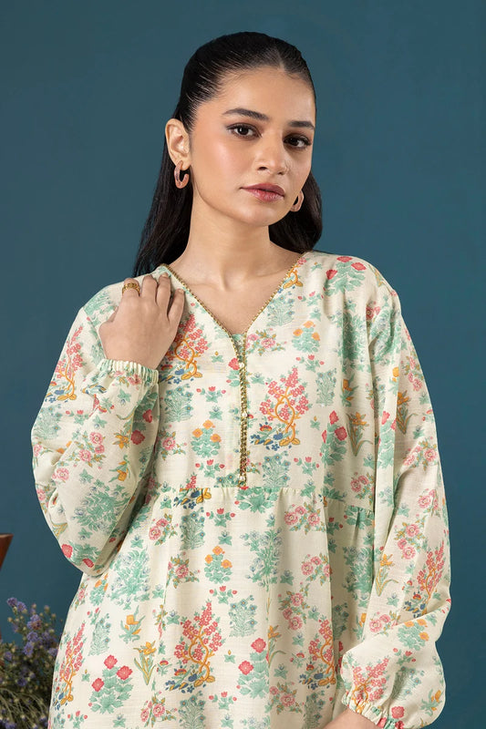 Women's Ivory Cream Floral Print Slub Lawn Maxi Tunic | Zip V-Neck | Tiered Hem