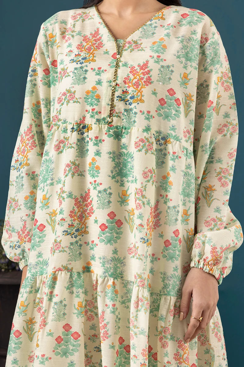 Women's Ivory Cream Floral Print Slub Lawn Maxi Tunic | Zip V-Neck | Tiered Hem