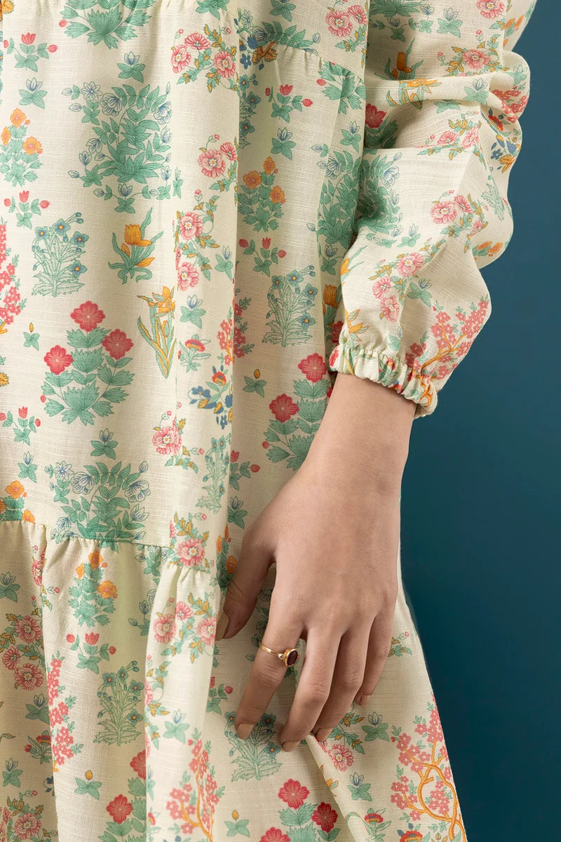 Women's Ivory Cream Floral Print Slub Lawn Maxi Tunic | Zip V-Neck | Tiered Hem