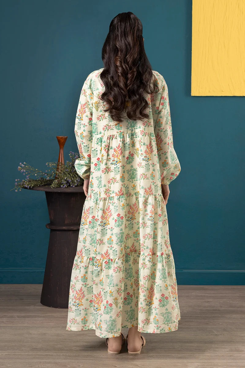 Women's Ivory Cream Floral Print Slub Lawn Maxi Tunic | Zip V-Neck | Tiered Hem