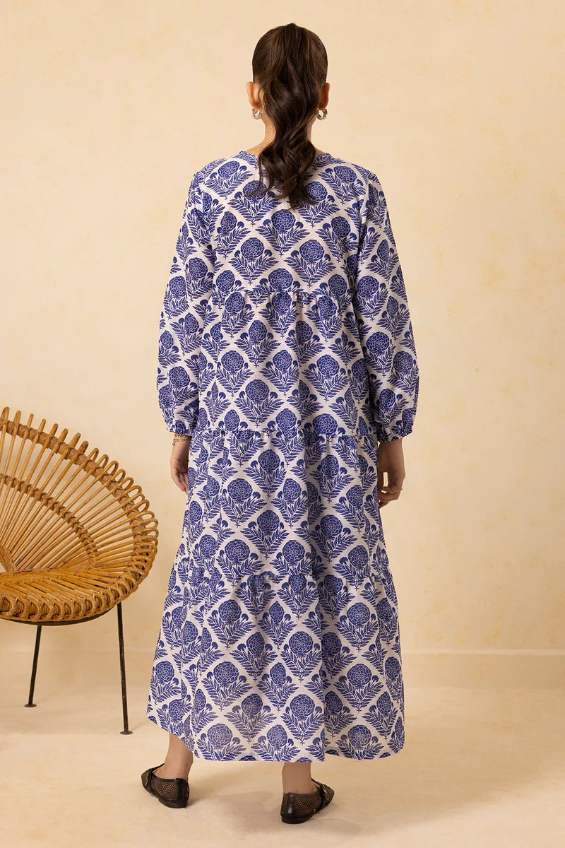 Women's Blue White Diamond Floral Print Slub Lawn Maxi Tunic | Zip-Tie Neckline | Tiered Hem